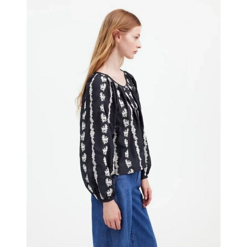 💕MADEWELL💕 Embroidered Puff Sleeve A-Line Top ~ True Black Medium M NWOT